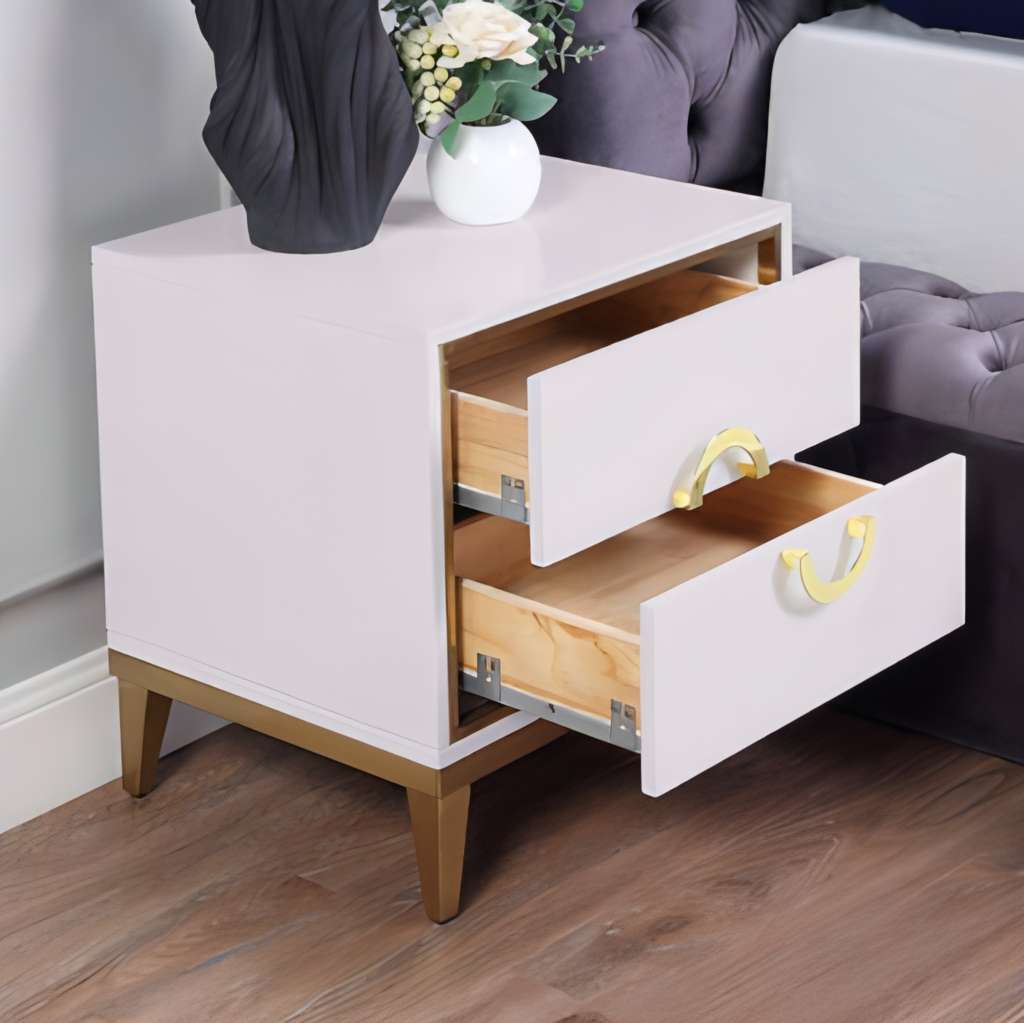 Modern White Nightstand with 2-Drawer and Gold Legs Dione Furniture Modern White Nightstand with 2-Drawer and Gold Legs Dione Furniture
