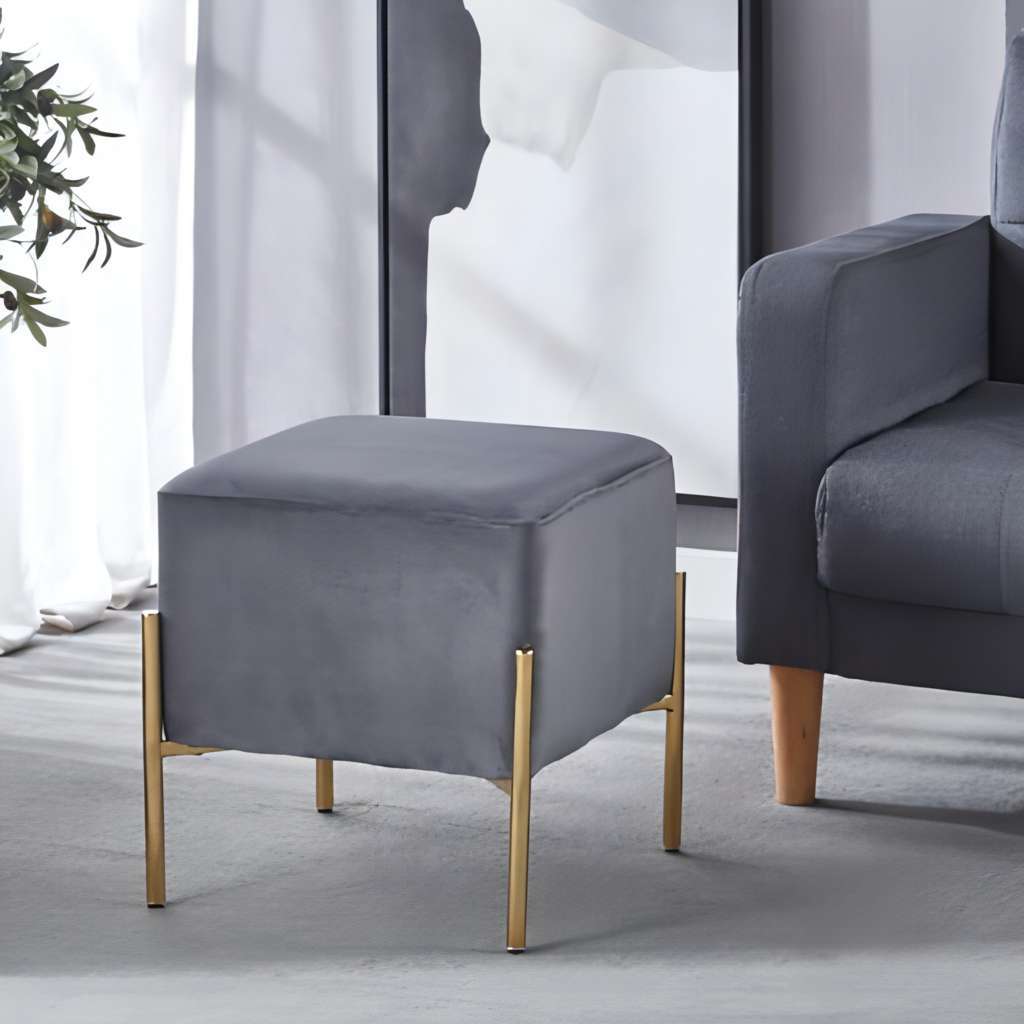 Contemporary Glam Navy Velvet Fabric Upholstered and Gold Metal Legs Ottoman ChairContemporary Glam Navy Velvet Fabric Upholstered and Gold Metal Legs Ottoman Chair