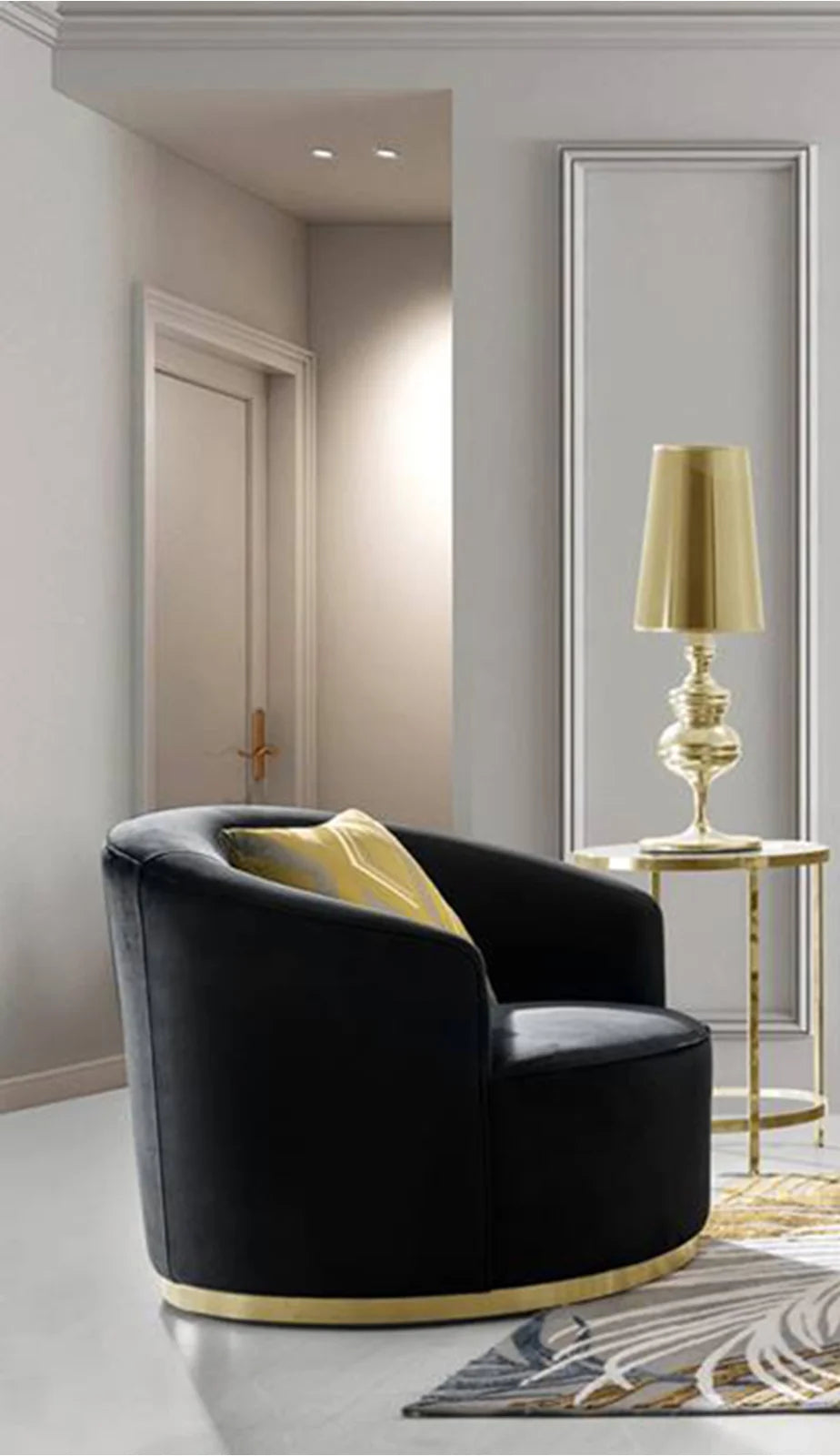 Raven Upholstered Armchair in Light Cream Fabric or Black Velvet w/Brushed Silver Accent Trim