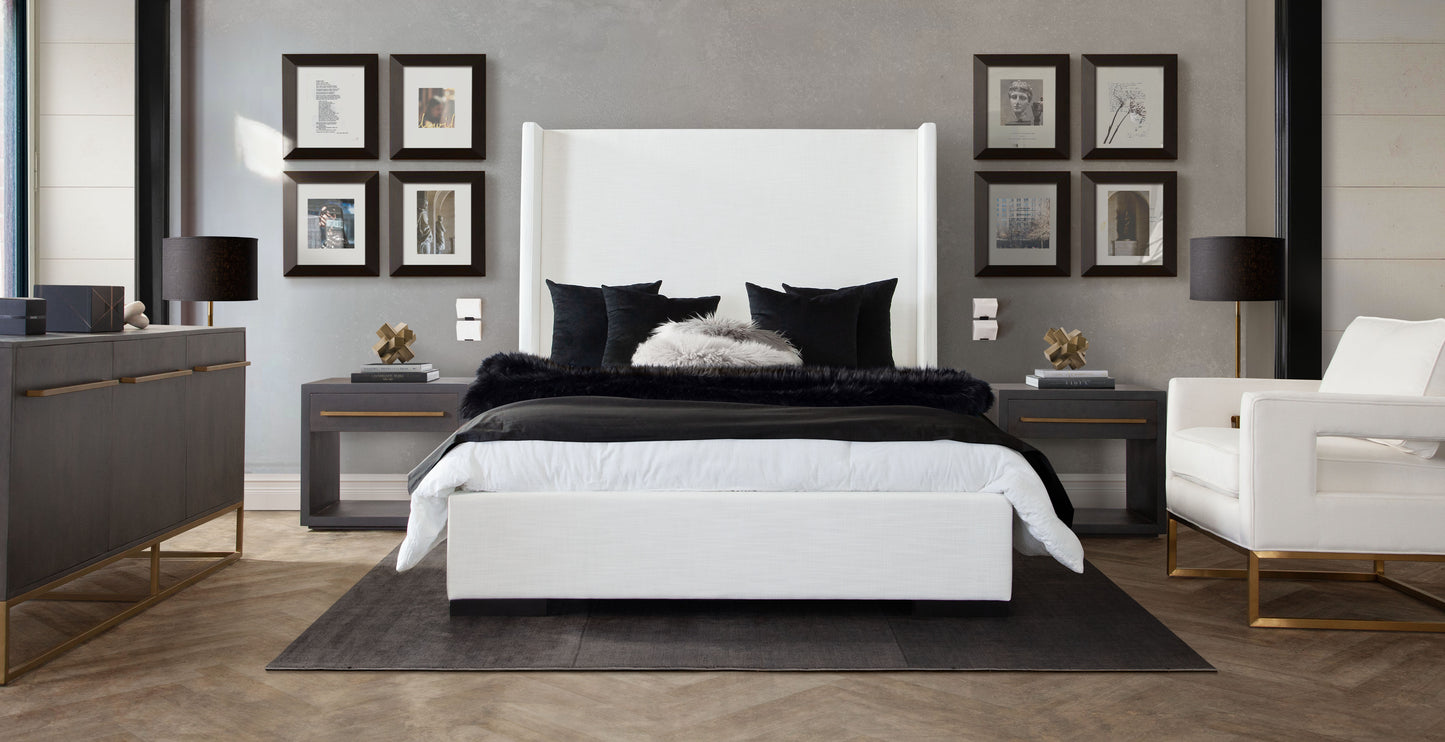 Seattle Bed with Vintage Wing in White Linen Queen/EK sizes