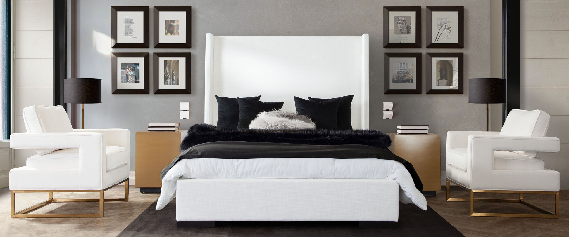 Seattle Bed with Vintage Wing in White Linen Queen/EK sizes