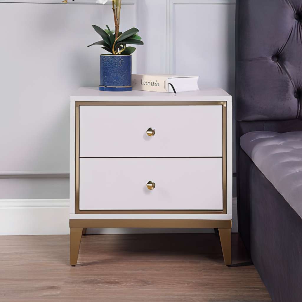 Nightstand with 2 Drawer, Modern White Gold Legs