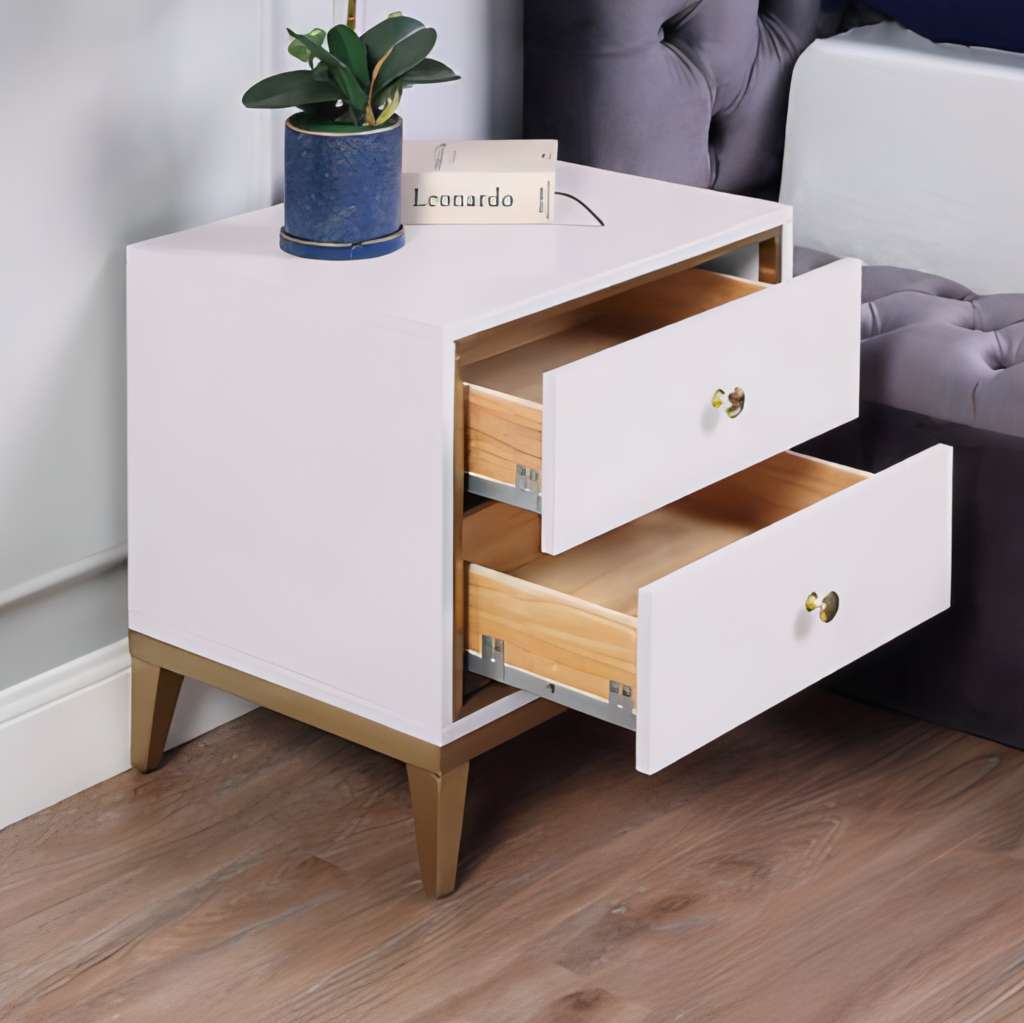 Nightstand with 2 Drawer, Modern White Gold Legs