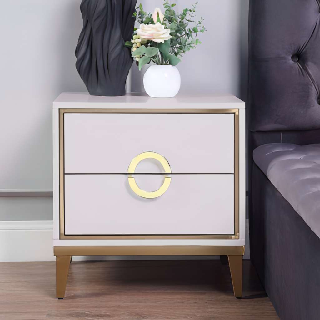 Nightstand with 2 Drawer, Modern White Gold Legs