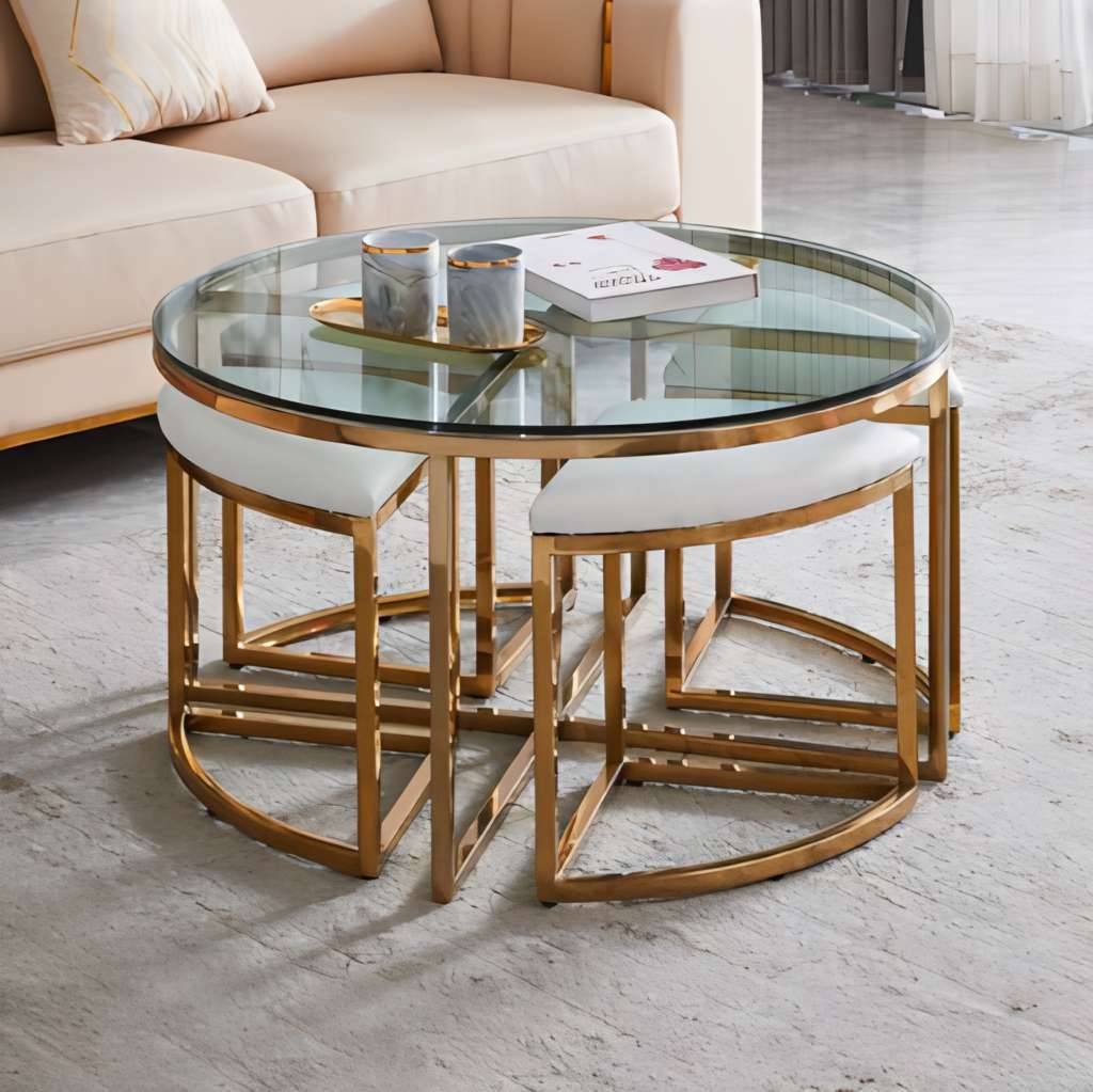 Glass Top Round Coffee Table & 4 Upholstered Stools