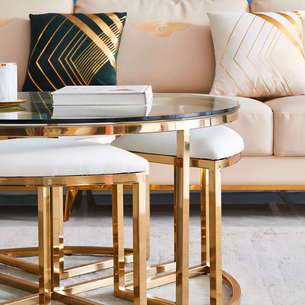 Glass Top Round Coffee Table & 4 Upholstered Stools